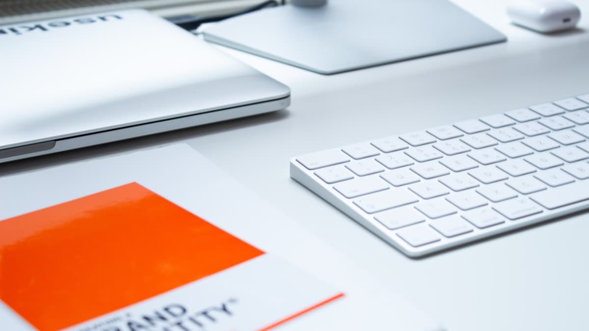 Gründer vergleicht am Schreibtisch Firmenname, Domain und eingetragene Marke
