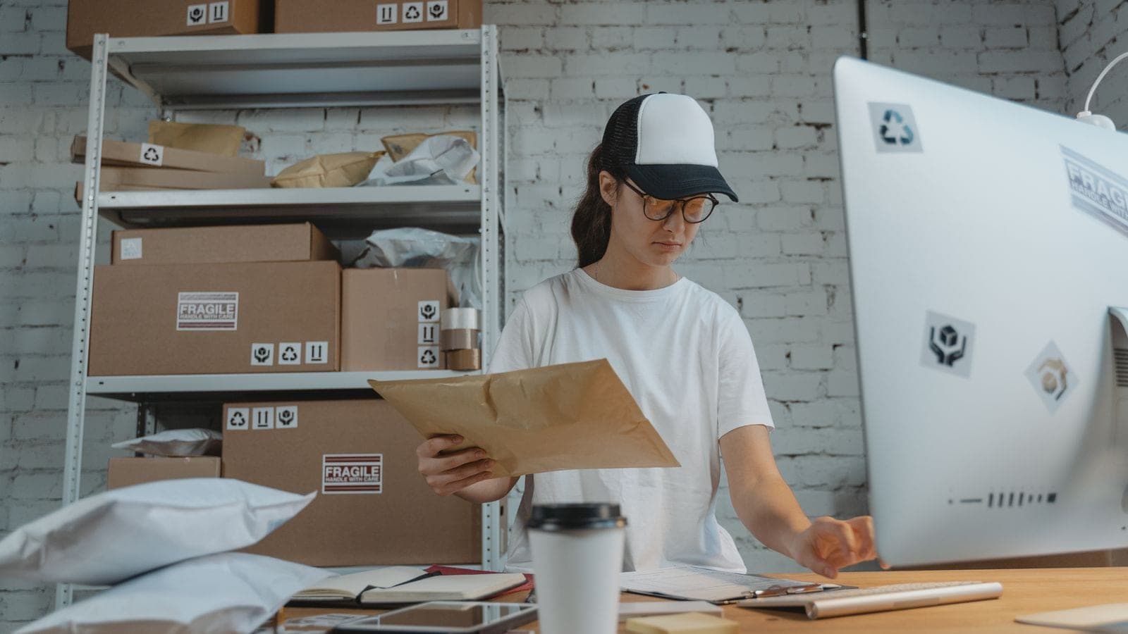 Woman holding a parcel and documents, matching her goods against a list, as a metaphor for a clean goods and services list